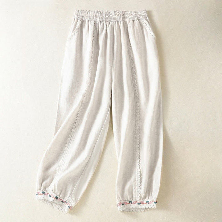 Buddha Stones Casual Plain Lace Side Design 7-8 Length Cotton Linen Women's Harem Pants With Pockets
