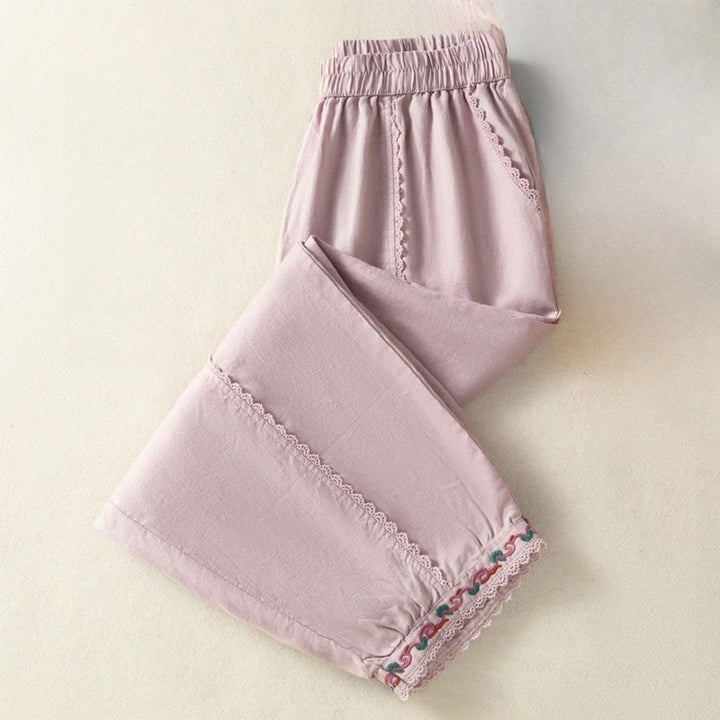Buddha Stones Casual Plain Lace Side Design 7-8 Length Cotton Linen Women's Harem Pants With Pockets