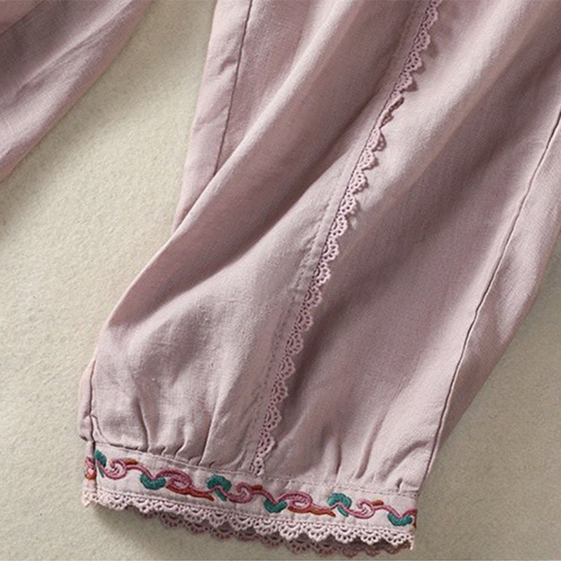 Buddha Stones Casual Plain Lace Side Design 7-8 Length Cotton Linen Women's Harem Pants With Pockets