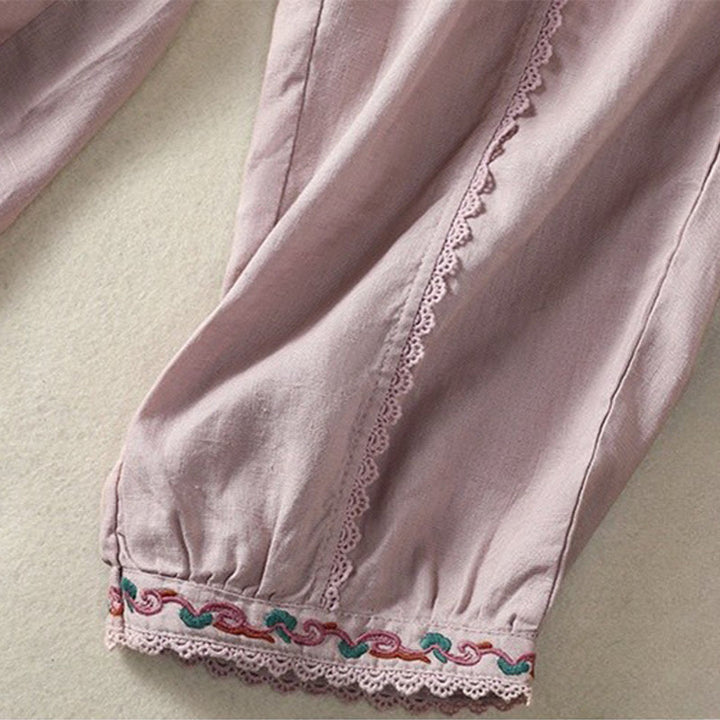 Buddha Stones Casual Plain Lace Side Design 7-8 Length Cotton Linen Women's Harem Pants With Pockets