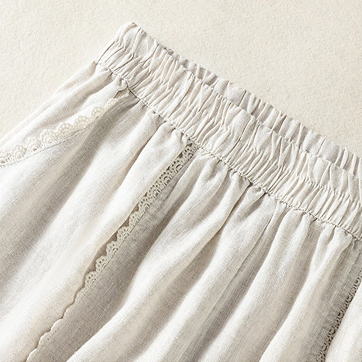 Buddha Stones Casual Plain Lace Side Design 7-8 Length Cotton Linen Women's Harem Pants With Pockets