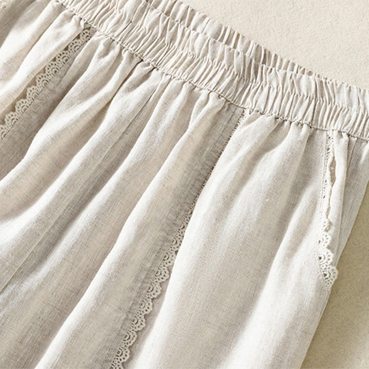 Buddha Stones Casual Plain Lace Side Design 7-8 Length Cotton Linen Women's Harem Pants With Pockets