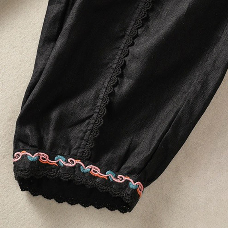 Buddha Stones Casual Plain Lace Side Design 7-8 Length Cotton Linen Women's Harem Pants With Pockets