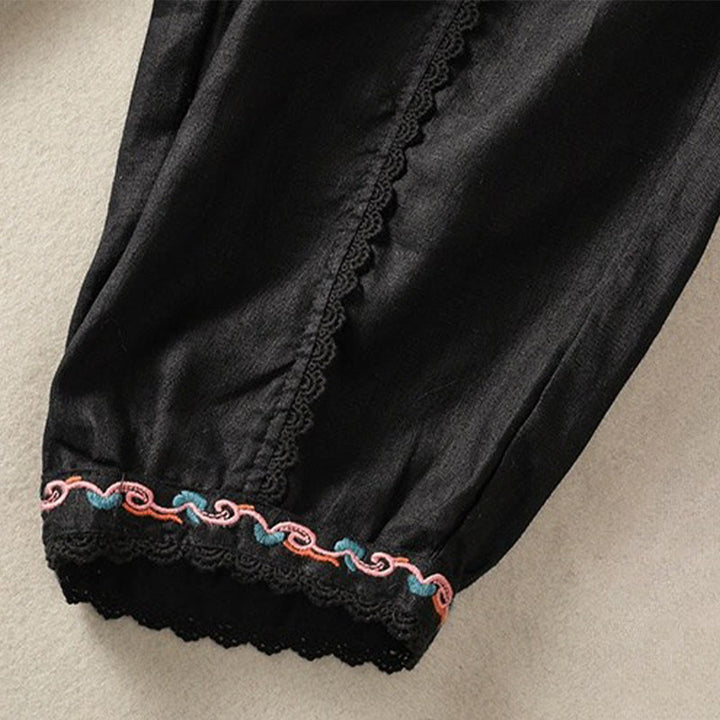 Buddha Stones Casual Plain Lace Side Design 7-8 Length Cotton Linen Women's Harem Pants With Pockets