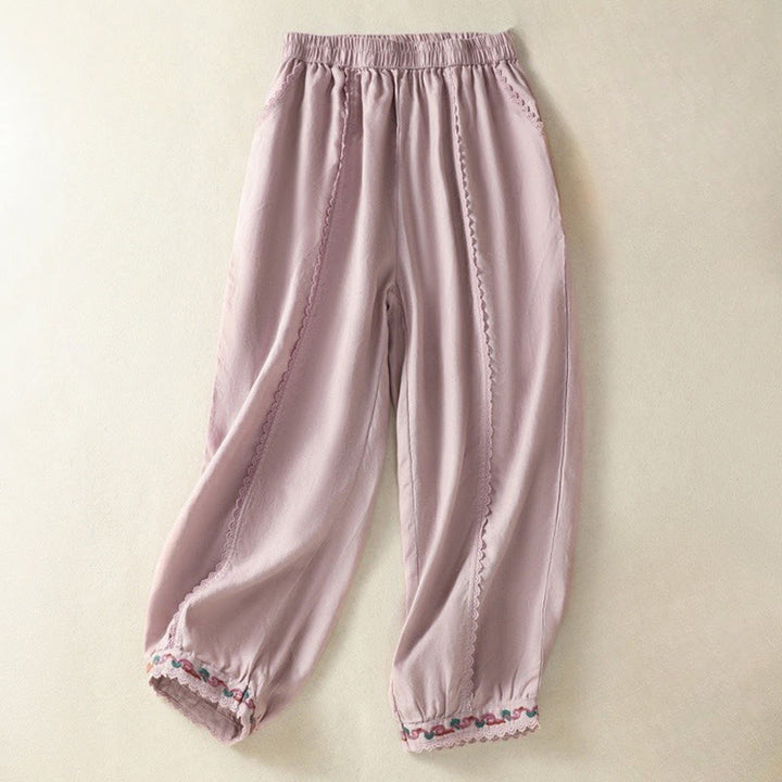 Buddha Stones Casual Plain Lace Side Design 7-8 Length Cotton Linen Women's Harem Pants With Pockets
