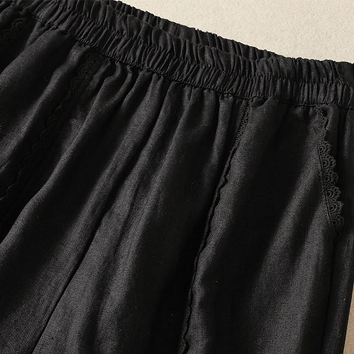 Buddha Stones Casual Plain Lace Side Design 7-8 Length Cotton Linen Women's Harem Pants With Pockets