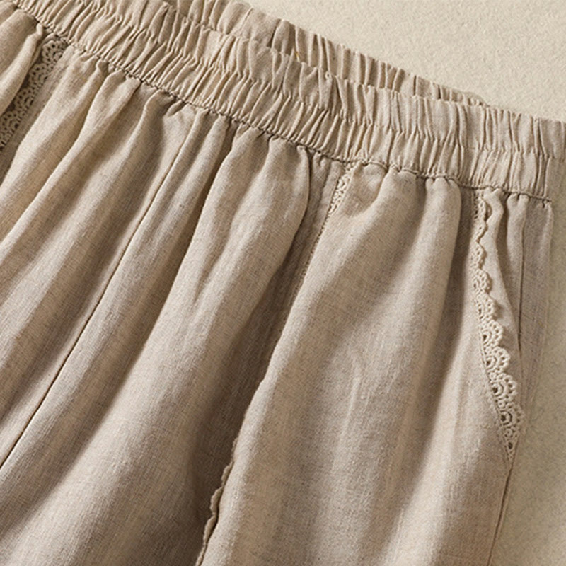 Buddha Stones Casual Plain Lace Side Design 7-8 Length Cotton Linen Women's Harem Pants With Pockets