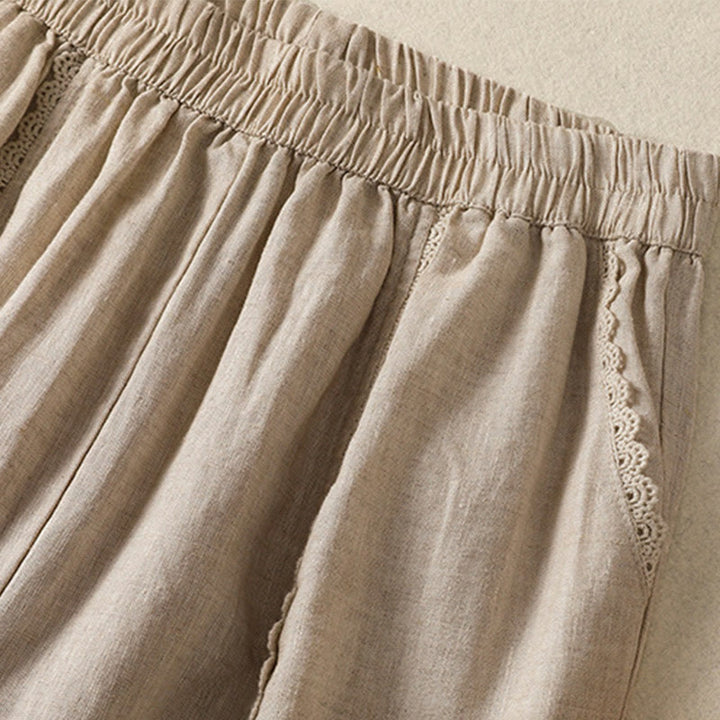 Buddha Stones Casual Plain Lace Side Design 7-8 Length Cotton Linen Women's Harem Pants With Pockets