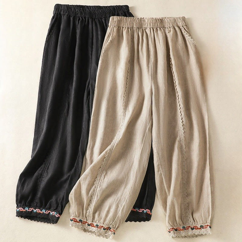 Buddha Stones Casual Plain Lace Side Design 7-8 Length Cotton Linen Women's Harem Pants With Pockets
