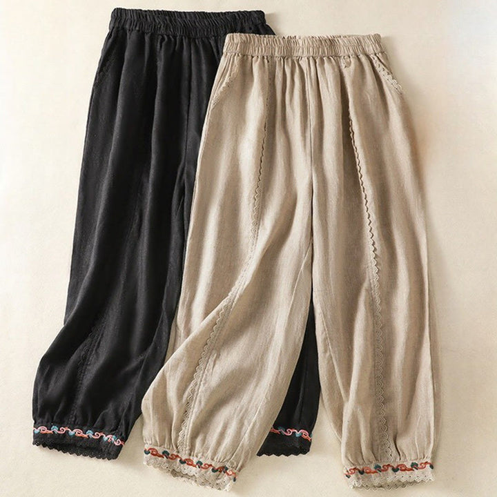 Buddha Stones Casual Plain Lace Side Design 7-8 Length Cotton Linen Women's Harem Pants With Pockets