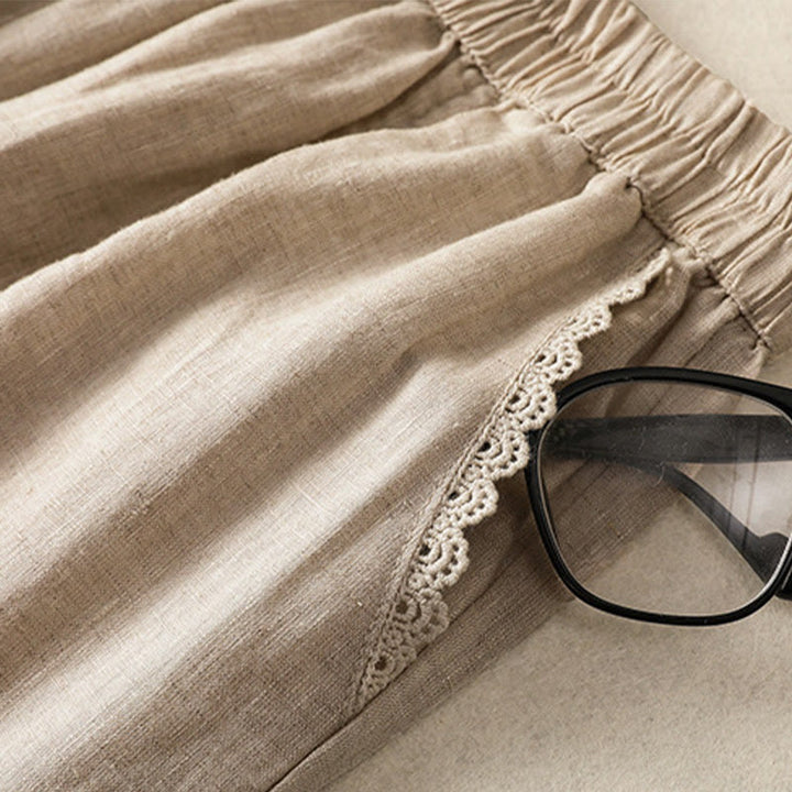 Buddha Stones Casual Plain Lace Side Design 7-8 Length Cotton Linen Women's Harem Pants With Pockets