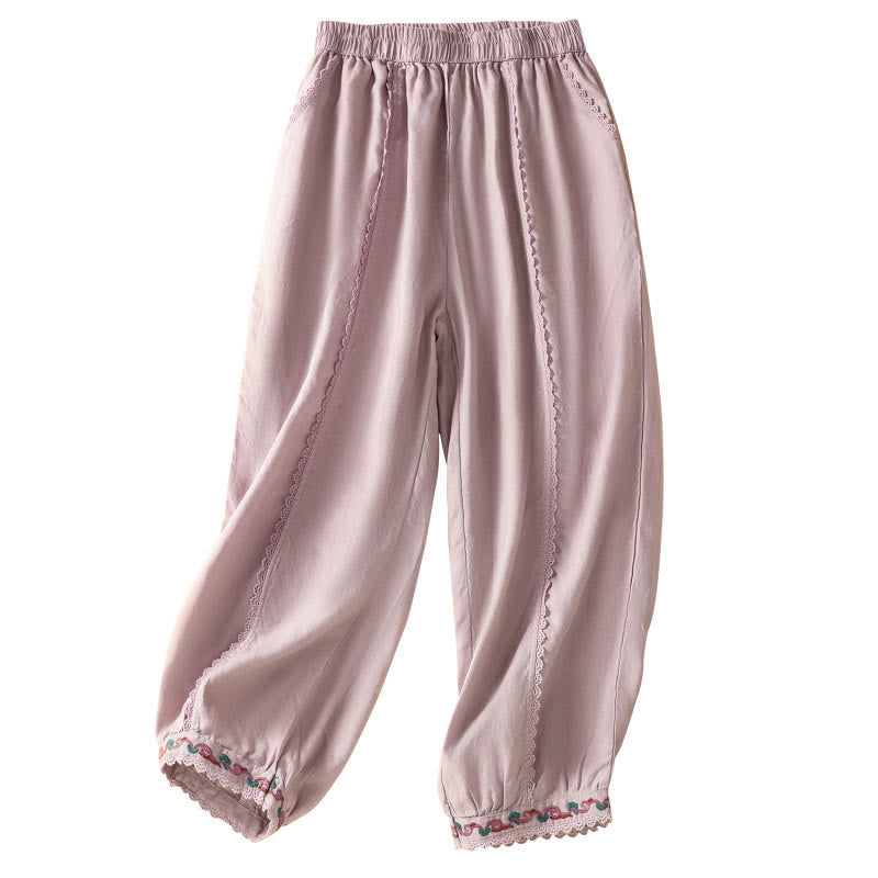 Buddha Stones Casual Plain Lace Side Design 7-8 Length Cotton Linen Women's Harem Pants With Pockets