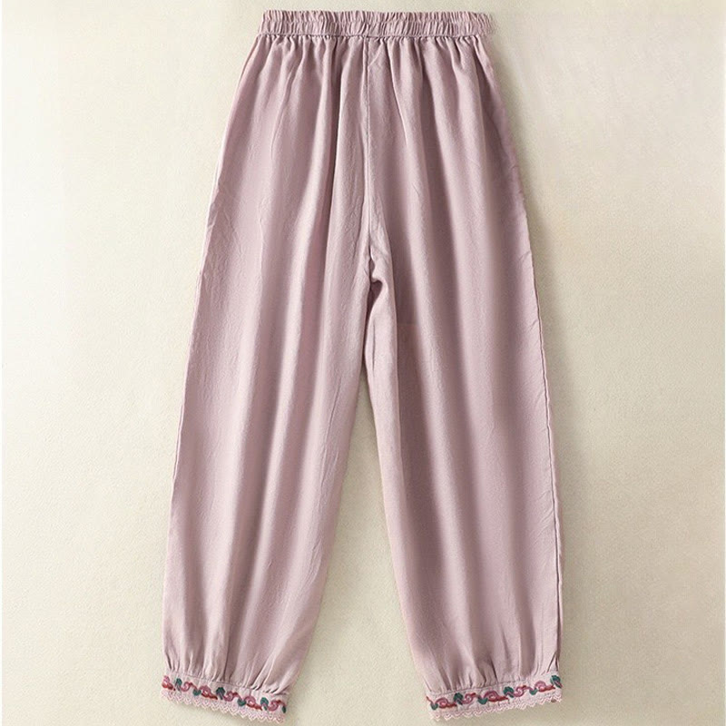 Buddha Stones Casual Plain Lace Side Design 7-8 Length Cotton Linen Women's Harem Pants With Pockets