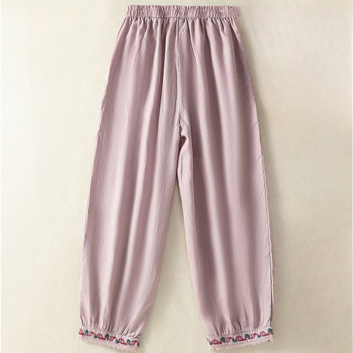 Buddha Stones Casual Plain Lace Side Design 7-8 Length Cotton Linen Women's Harem Pants With Pockets