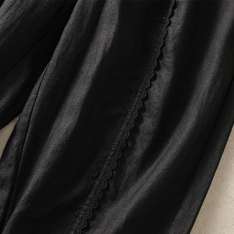 Buddha Stones Casual Plain Lace Side Design 7-8 Length Cotton Linen Women's Harem Pants With Pockets