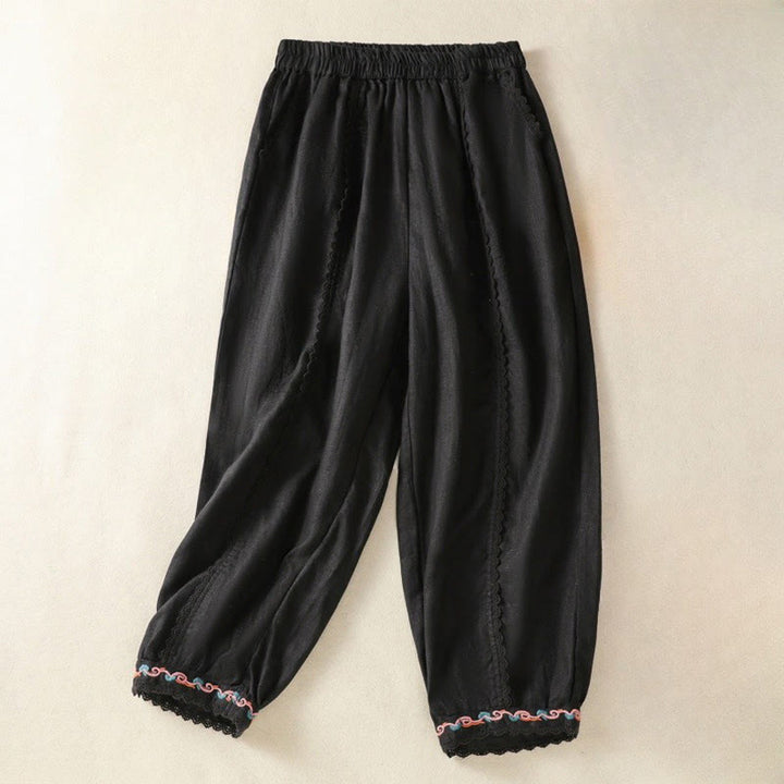 Buddha Stones Casual Plain Lace Side Design 7-8 Length Cotton Linen Women's Harem Pants With Pockets