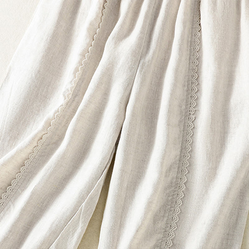 Buddha Stones Casual Plain Lace Side Design 7-8 Length Cotton Linen Women's Harem Pants With Pockets