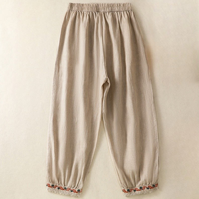 Buddha Stones Casual Plain Lace Side Design 7-8 Length Cotton Linen Women's Harem Pants With Pockets