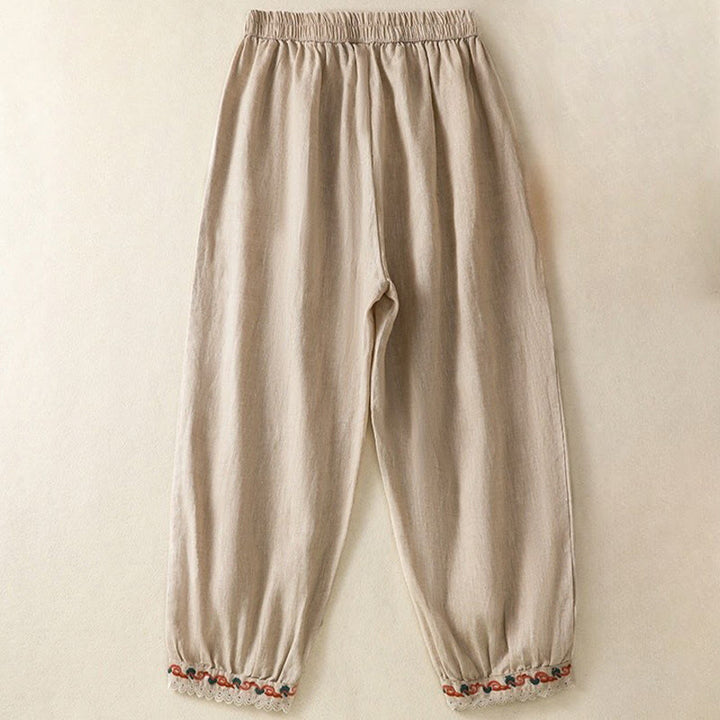 Buddha Stones Casual Plain Lace Side Design 7-8 Length Cotton Linen Women's Harem Pants With Pockets