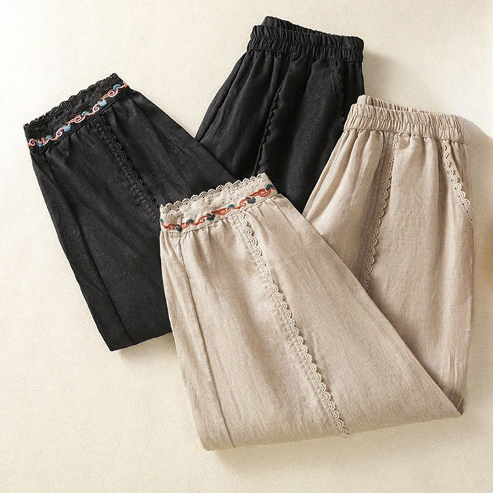 Buddha Stones Casual Plain Lace Side Design 7-8 Length Cotton Linen Women's Harem Pants With Pockets