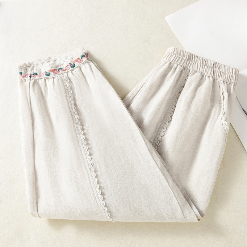 Buddha Stones Casual Plain Lace Side Design 7-8 Length Cotton Linen Women's Harem Pants With Pockets