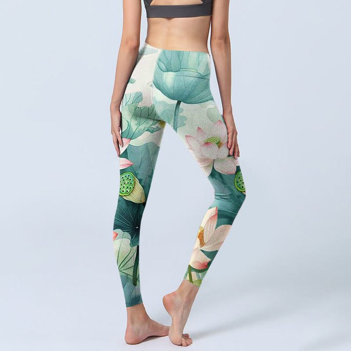 Buddha Stones Lotus Flowers Leaves Lotus Pods Pattern Print Gym Leggings Women's Yoga Pants
