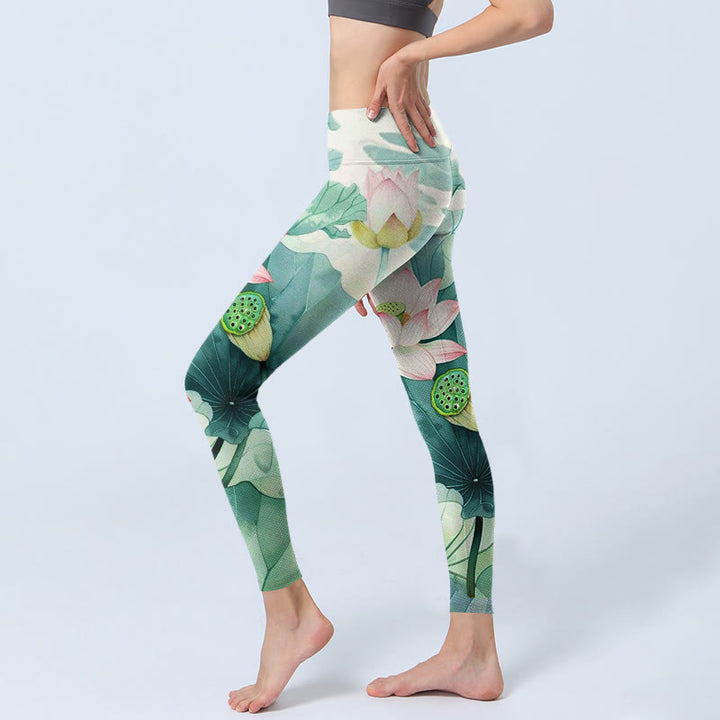 Buddha Stones Lotus Flowers Leaves Lotus Pods Pattern Print Gym Leggings Women's Yoga Pants