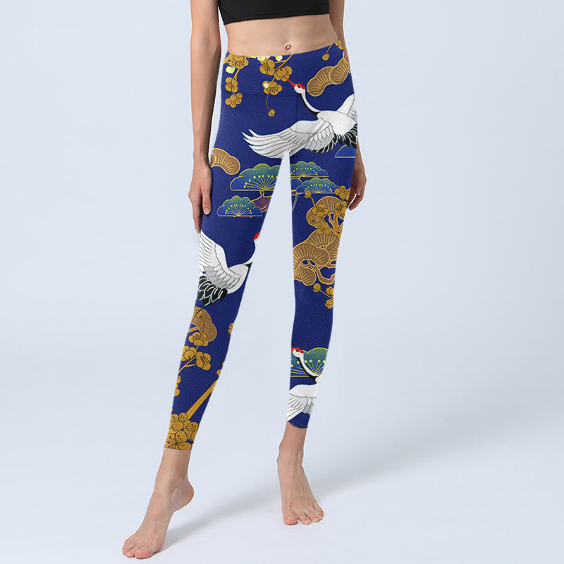 Buddha Stones Flying Red-Crowned Crane Pine Tree Flower Pattern Print Gym Leggings Women's Yoga Pants