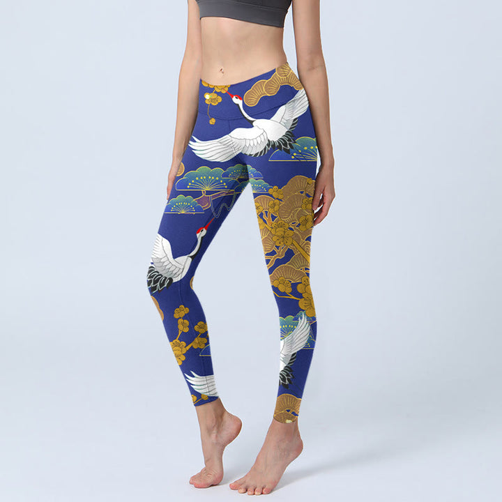 Buddha Stones Flying Red-Crowned Crane Pine Tree Flower Pattern Print Gym Leggings Women's Yoga Pants