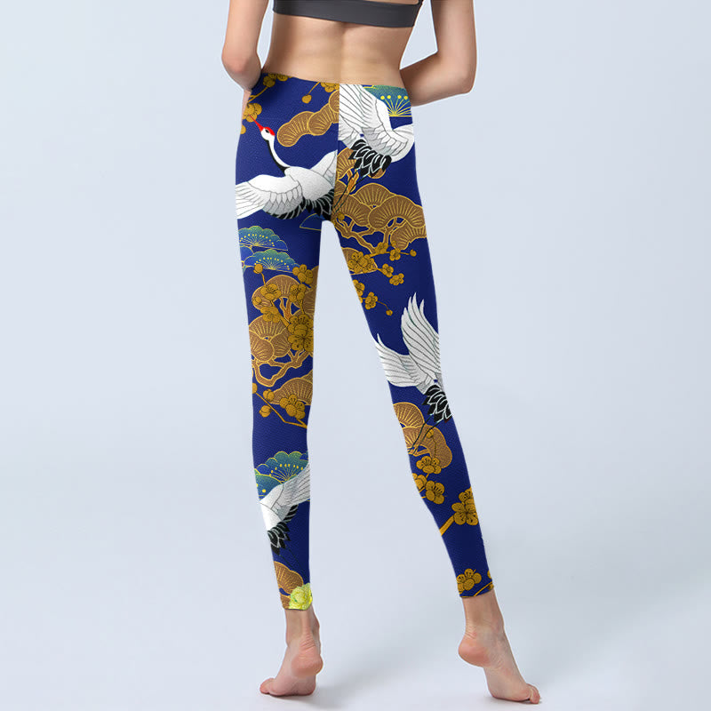 Buddha Stones Flying Red-Crowned Crane Pine Tree Flower Pattern Print Gym Leggings Women's Yoga Pants