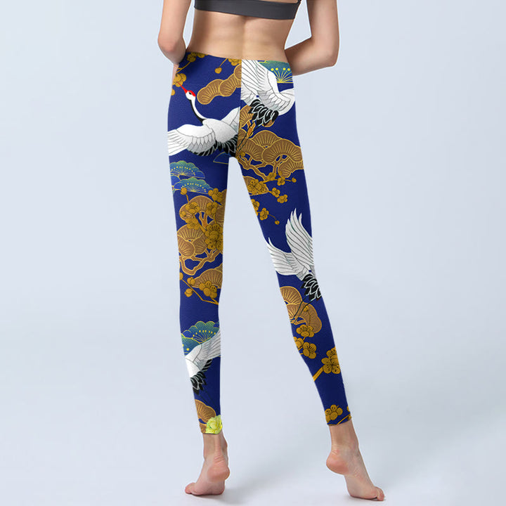 Buddha Stones Flying Red-Crowned Crane Pine Tree Flower Pattern Print Gym Leggings Women's Yoga Pants