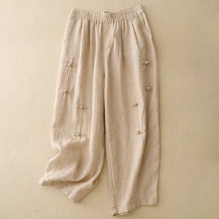 Buddha Stones Casual Plain Frog-Button Design 7-8 Length Cotton Linen Women's Harem Pants With Pockets