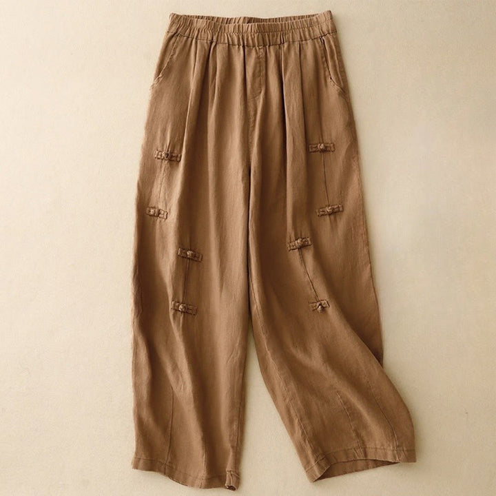 Buddha Stones Casual Plain Frog-Button Design 7-8 Length Cotton Linen Women's Harem Pants With Pockets