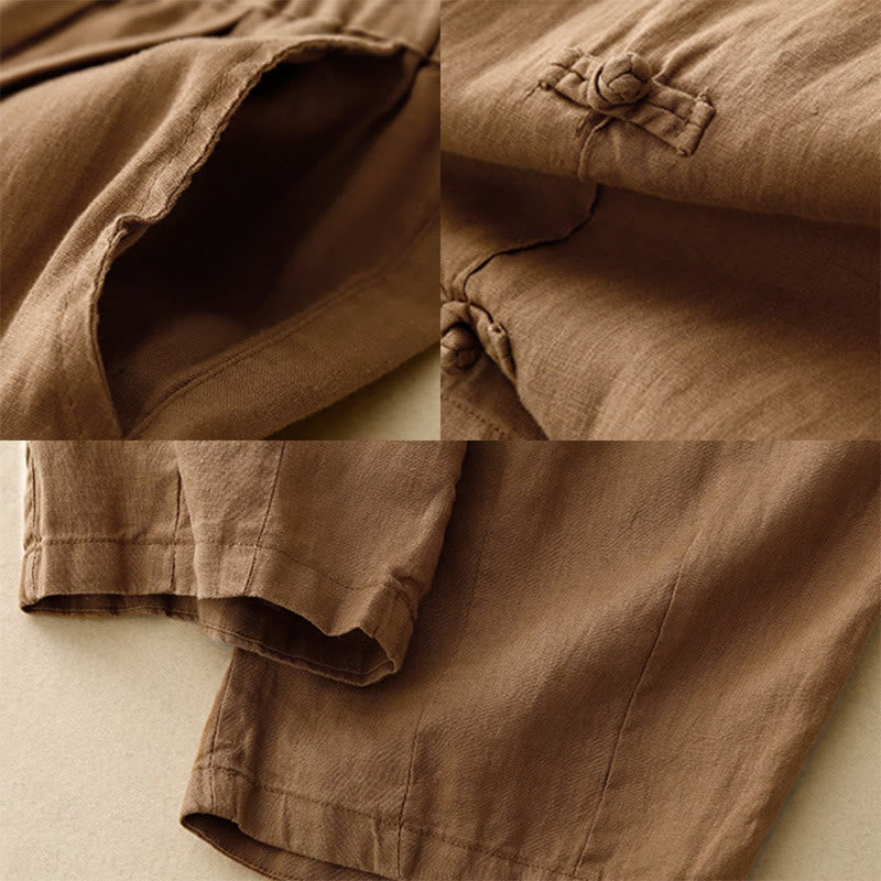 Buddha Stones Casual Plain Frog-Button Design 7-8 Length Cotton Linen Women's Harem Pants With Pockets