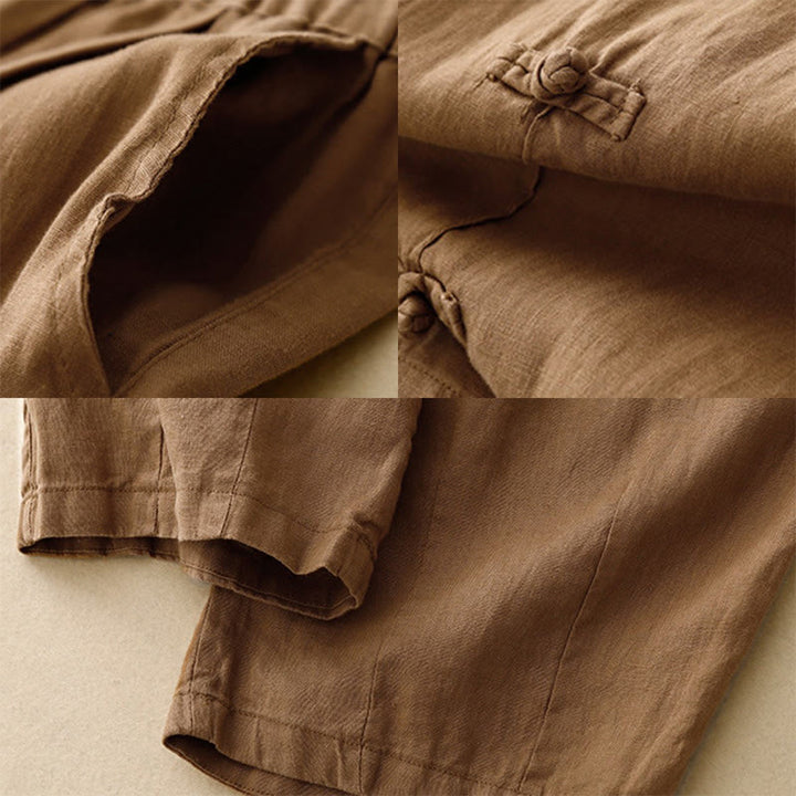 Buddha Stones Casual Plain Frog-Button Design 7-8 Length Cotton Linen Women's Harem Pants With Pockets