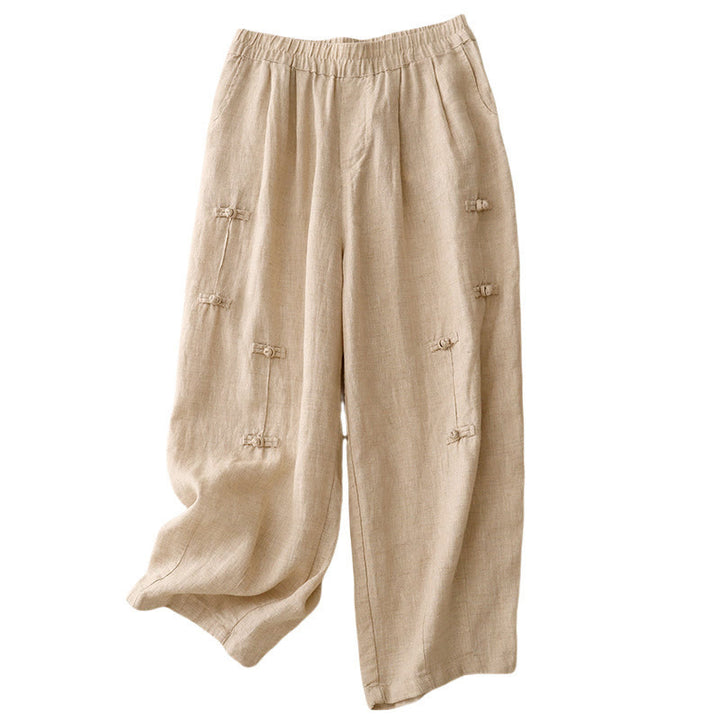 Buddha Stones Casual Plain Frog-Button Design 7-8 Length Cotton Linen Women's Harem Pants With Pockets