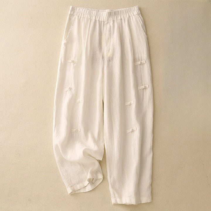 Buddha Stones Casual Plain Frog-Button Design 7-8 Length Cotton Linen Women's Harem Pants With Pockets