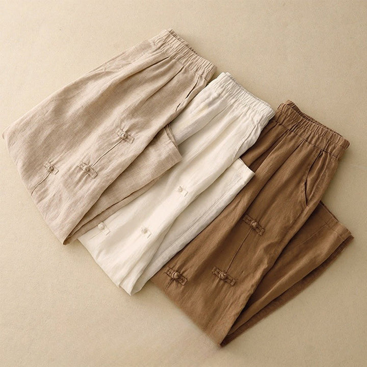Buddha Stones Casual Plain Frog-Button Design 7-8 Length Cotton Linen Women's Harem Pants With Pockets