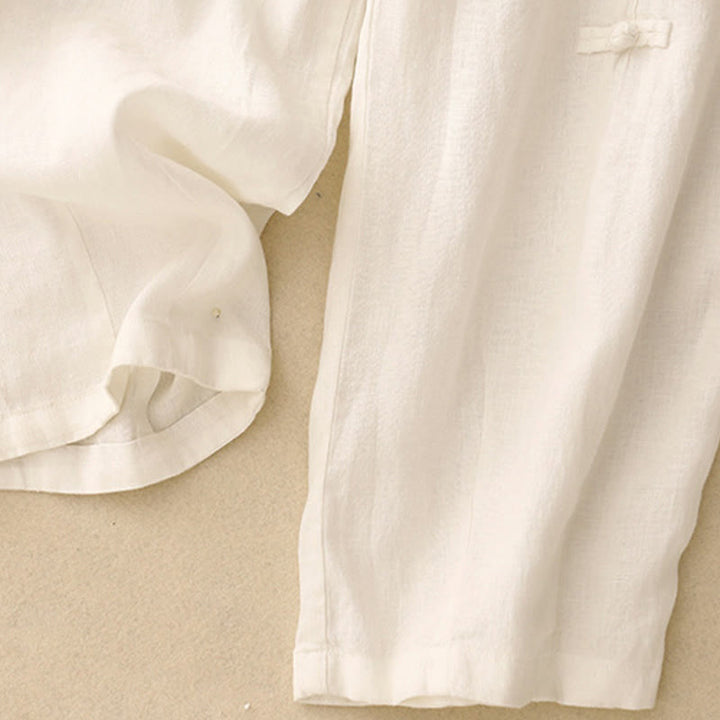 Buddha Stones Casual Plain Frog-Button Design 7-8 Length Cotton Linen Women's Harem Pants With Pockets