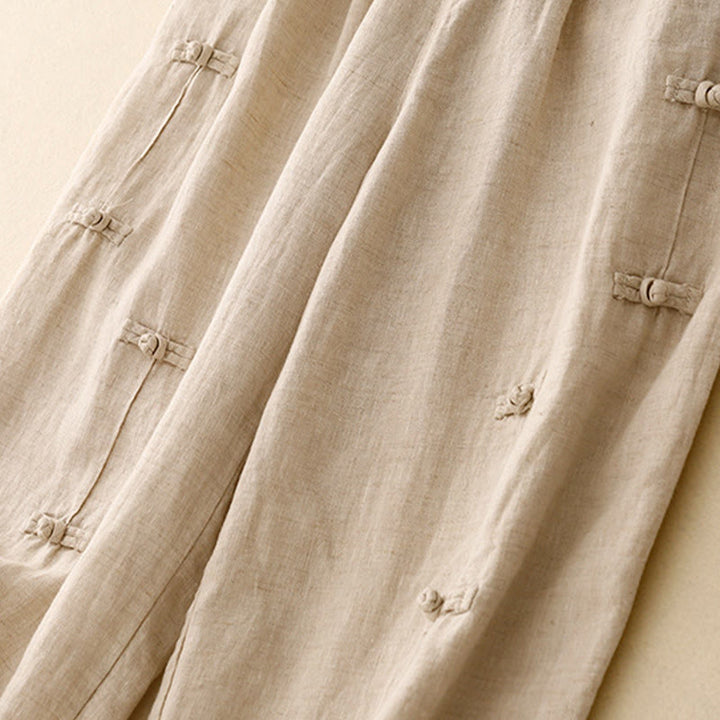 Buddha Stones Casual Plain Frog-Button Design 7-8 Length Cotton Linen Women's Harem Pants With Pockets