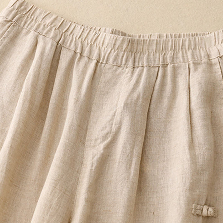 Buddha Stones Casual Plain Frog-Button Design 7-8 Length Cotton Linen Women's Harem Pants With Pockets