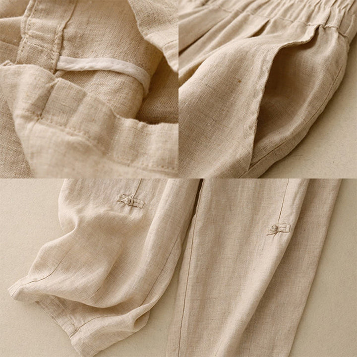 Buddha Stones Casual Plain Frog-Button Design 7-8 Length Cotton Linen Women's Harem Pants With Pockets