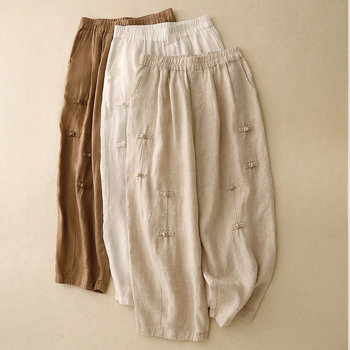 Buddha Stones Casual Plain Frog-Button Design 7-8 Length Cotton Linen Women's Harem Pants With Pockets