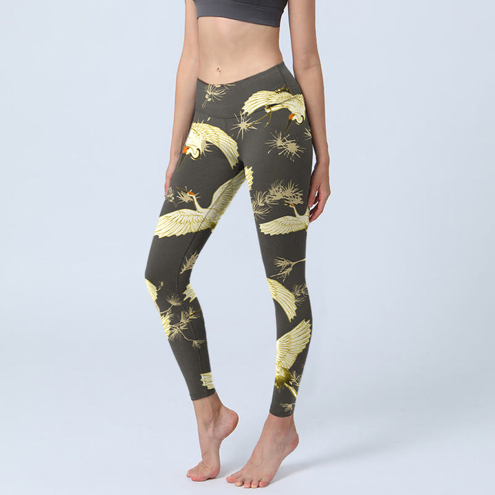 Buddha Stones Flying Red-crowned Crane Branch Pine Needles Pattern Print Gym Leggings Women's Yoga Pants