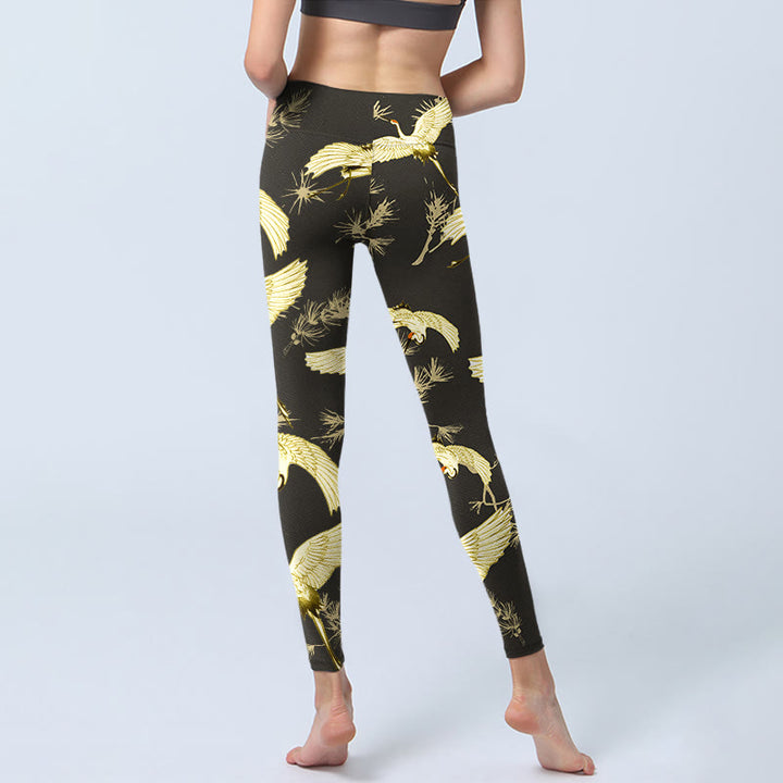 Buddha Stones Flying Red-crowned Crane Branch Pine Needles Pattern Print Gym Leggings Women's Yoga Pants