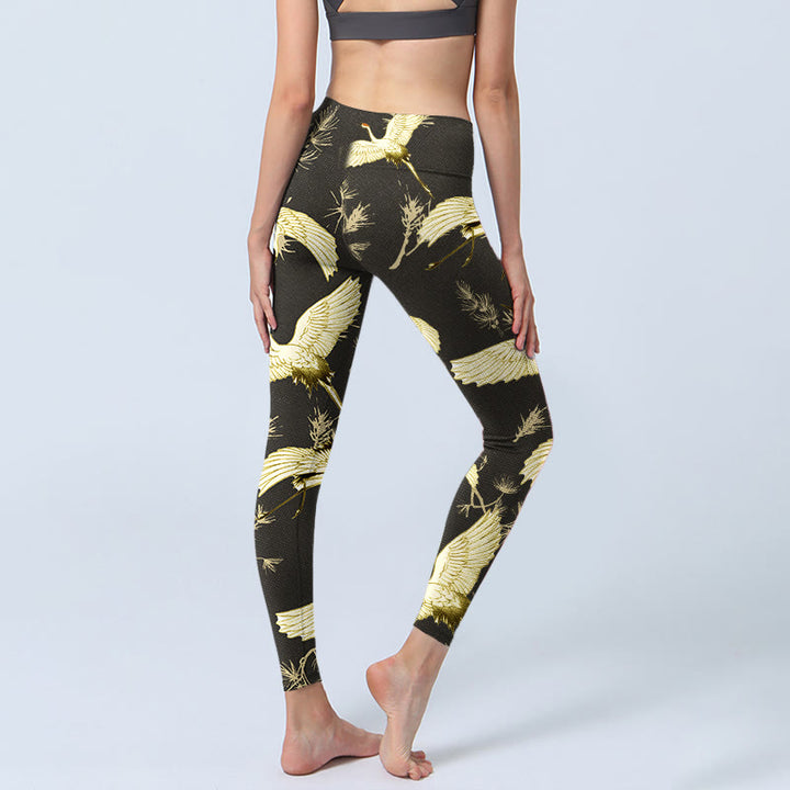 Buddha Stones Flying Red-crowned Crane Branch Pine Needles Pattern Print Gym Leggings Women's Yoga Pants