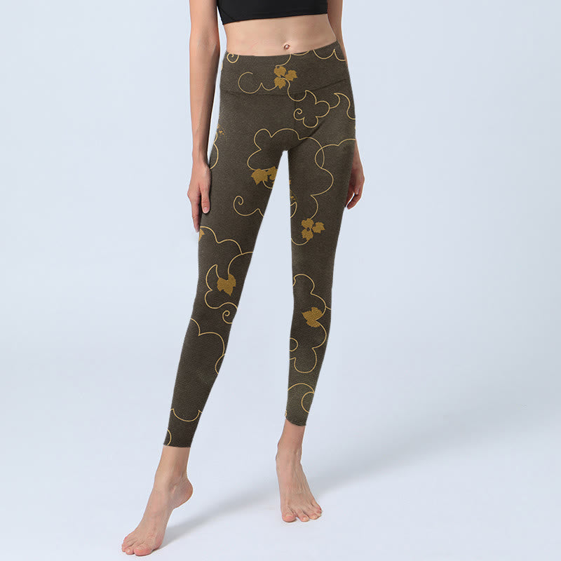 Buddha Stones Auspicious Cloud Maple Leaf Pattern Print Gym Leggings Women's Yoga Pants