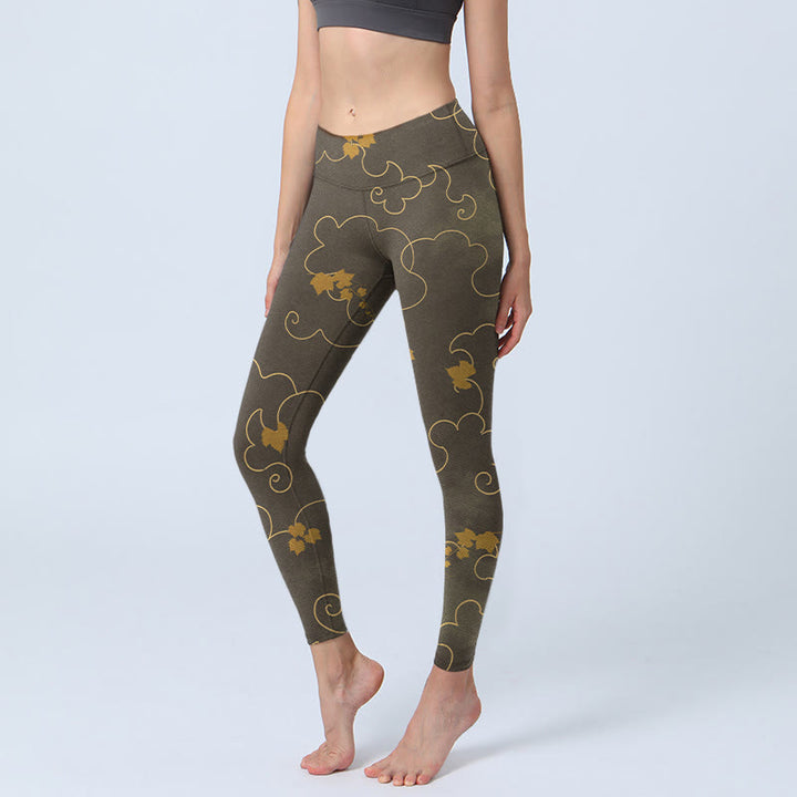 Buddha Stones Auspicious Cloud Maple Leaf Pattern Print Gym Leggings Women's Yoga Pants