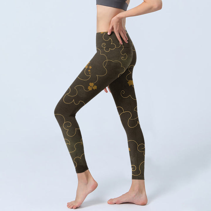 Buddha Stones Auspicious Cloud Maple Leaf Pattern Print Gym Leggings Women's Yoga Pants