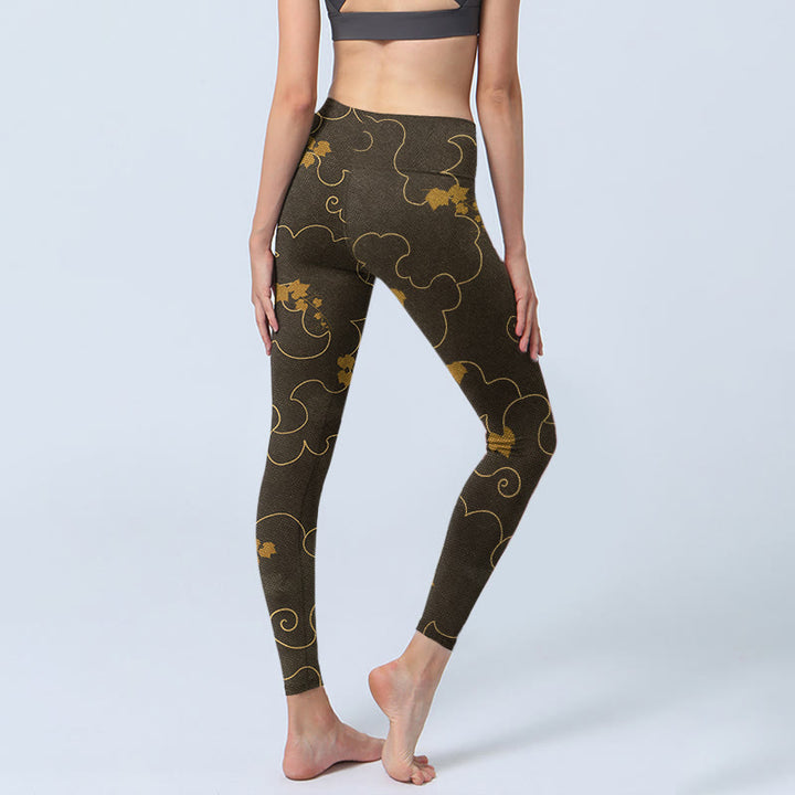 Buddha Stones Auspicious Cloud Maple Leaf Pattern Print Gym Leggings Women's Yoga Pants